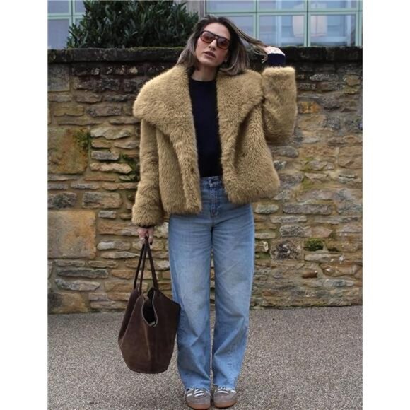 Womens Faux Fur Coat Lapel Open Front Fluffy Shaggy Jacket Khaki - Picture 6 of 6